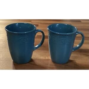Royal Norfolk Turquoise Scroll Pattern Ceramic Coffee Mugs Cups 4.5" Set of 2